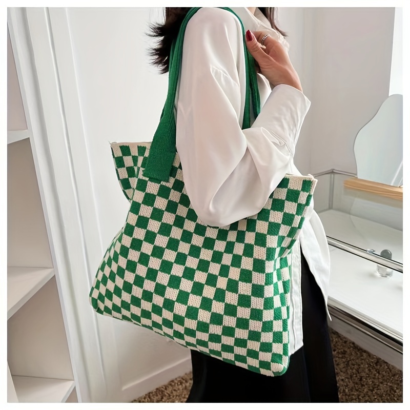 

Plaid Knitted Shoulder Bag, Large Capacity Tote Bag, Lightweight Handbag For School Travel Shopping & Summer Beach