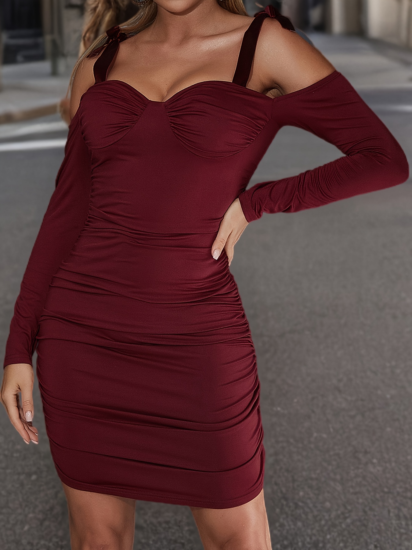 Ruched Solid Bodycon Dress Party Wear V Neck Long Sleeve - Temu