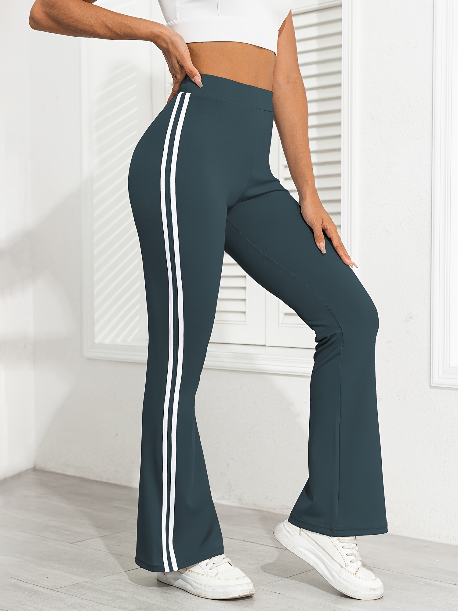 Activewear High Waisted Yoga Pants with Front Side Double Stripe