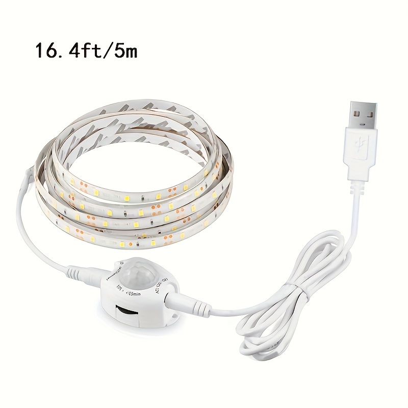 Kanemc Tira de luces LED con sensor de movimiento, color blanco cálido,  tira de luz LED alimentada por USB de 16.4 pies, 5 V, cinta adhesiva con  modos