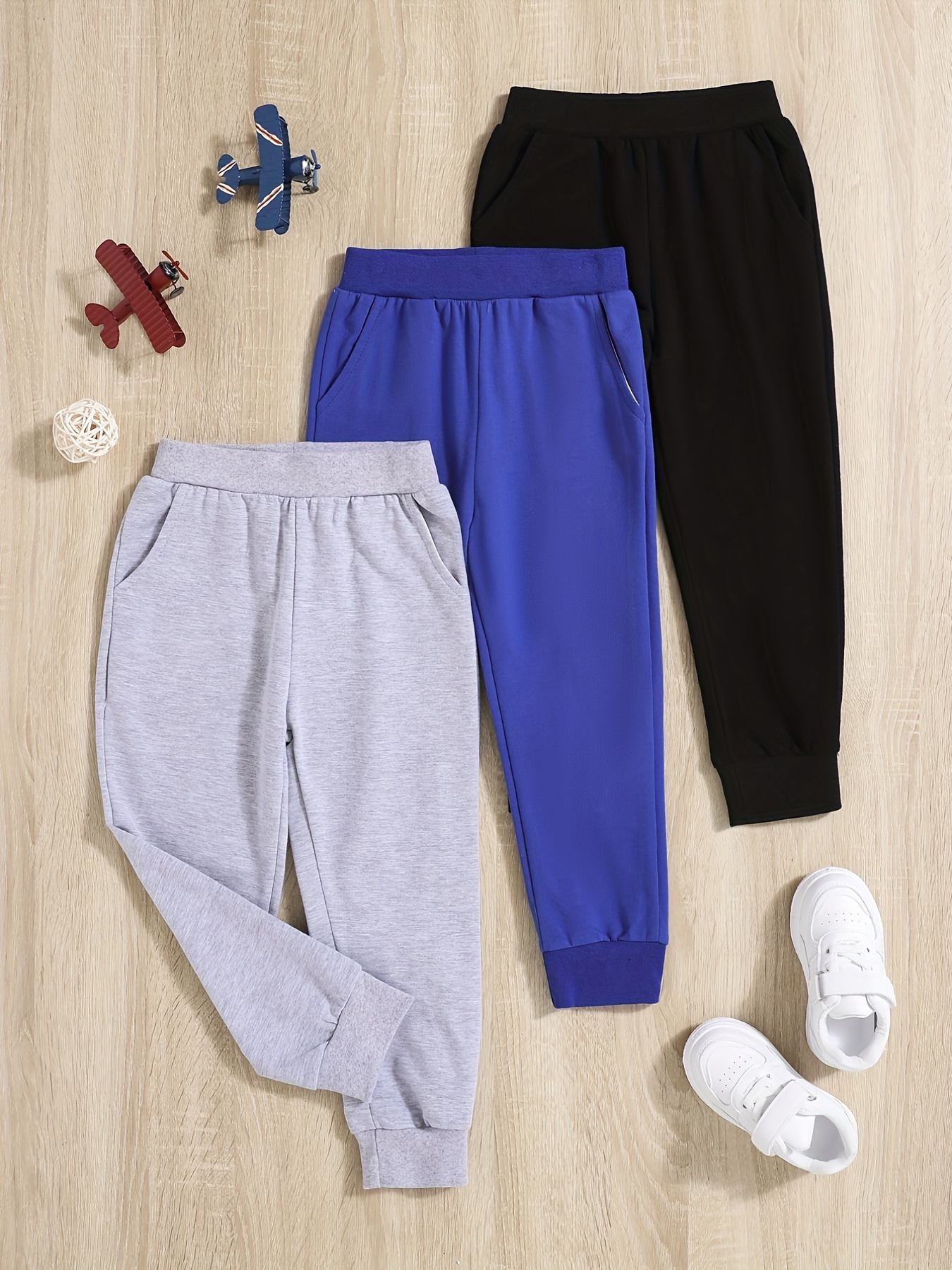 3pcs Boys Casual Solid Comfortable Active Sweatpants, Breathable Jogger  Sports Pants Black, Grey And Blue Color