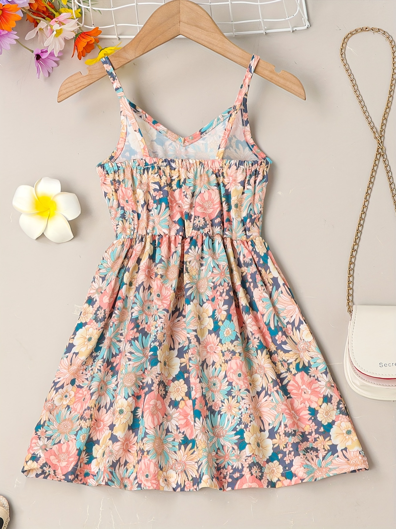 little girls cute sundress floral pattern party beach dress v neck elastic waist camisole dress for summer details 1