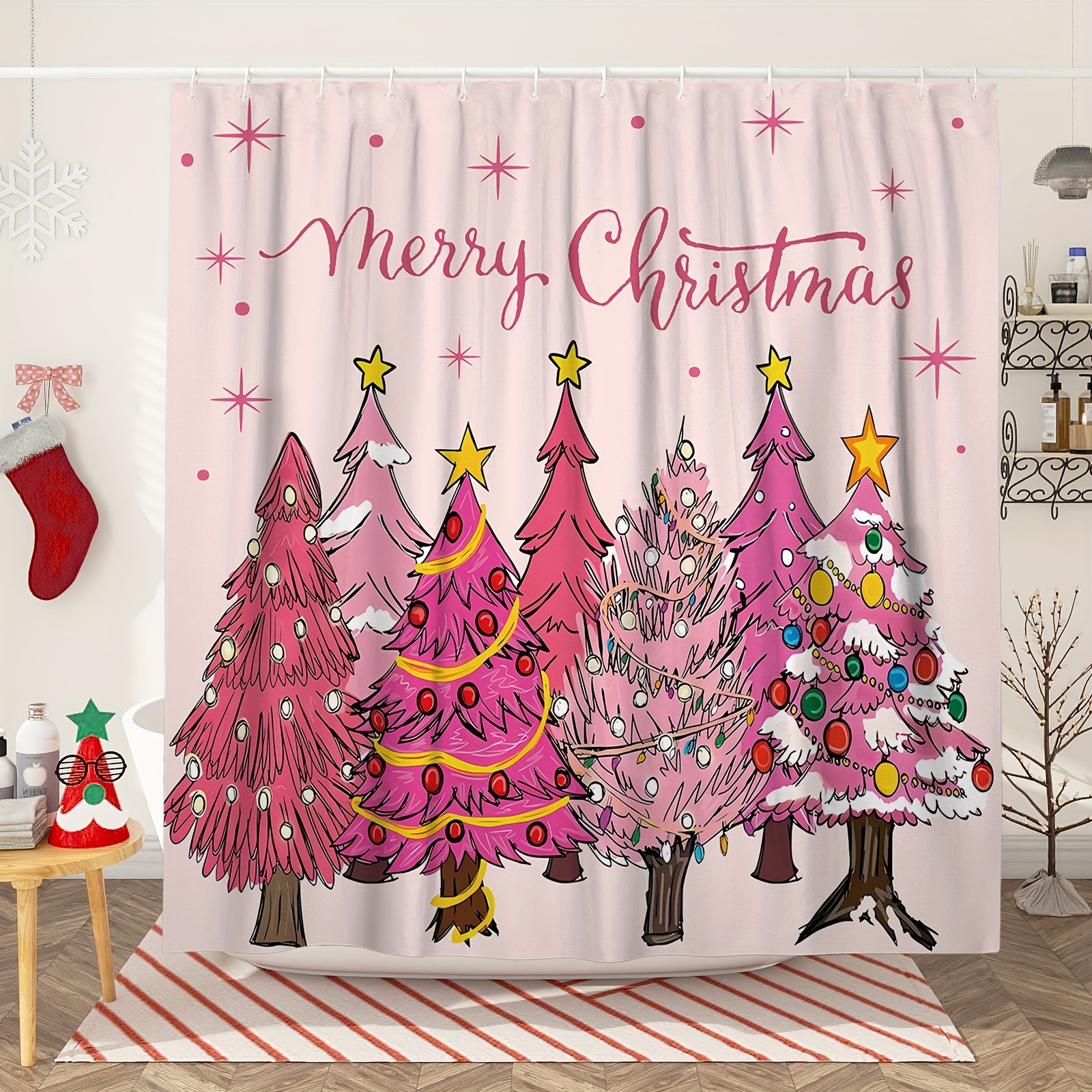 1Pc Christmas Tree Merry Christmas Pink Christmas Shower Curtain