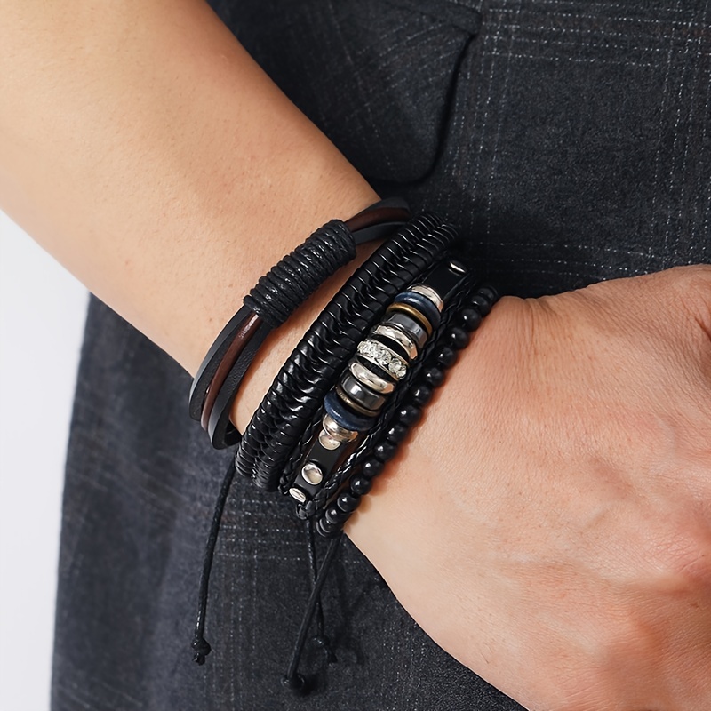 4pcs Set Simple Casual Black Braided Leather Bracelets Diy Combo For Men Hand Accessories | Quick & Secure Online | Temu