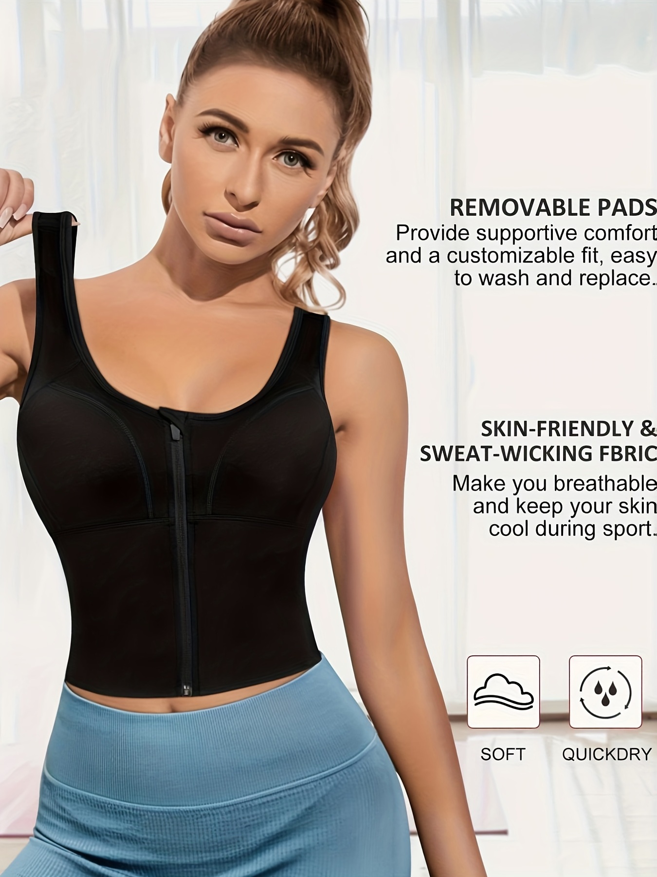 Women's Activewear: Black Zipper Front Sports Bra - Temu