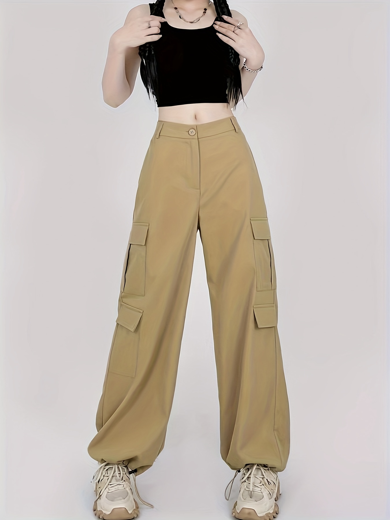 Loose Straight Y2K Cargo Pants, Casual Pocket High Waist Solid Wide Leg  Fashion Comfy Pants, Women's Clothing