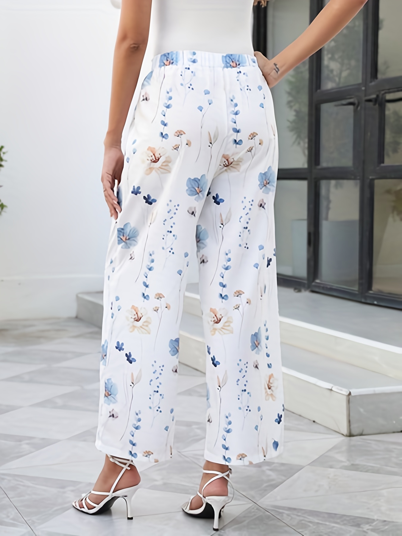 Casual Floral Print Pants for Women Elastic Waist Loose Spring