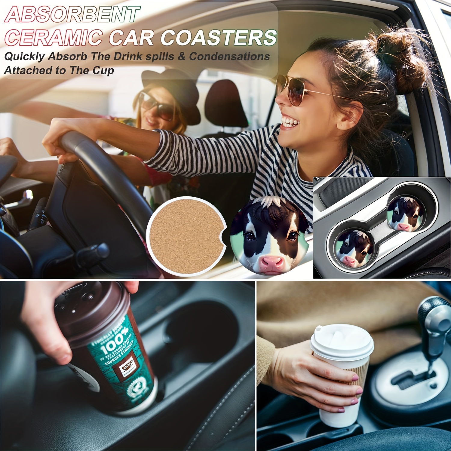 Car Cup Holder Coasters - Set of 4 Pack, Absorbent Ceramic Stone with A  Finger Notch for Easy Removal of Auto Cupholder Coaster,Best Accessory Keep