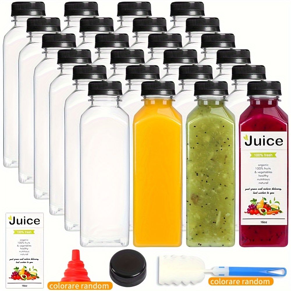 12pcs, 16oz Juice Bottles, Plastic Juice Bottles With Lid, Funnel (color  Random) And Cup Brush (color Random), Juice Bottle, Water Bottle, Reusable,  S