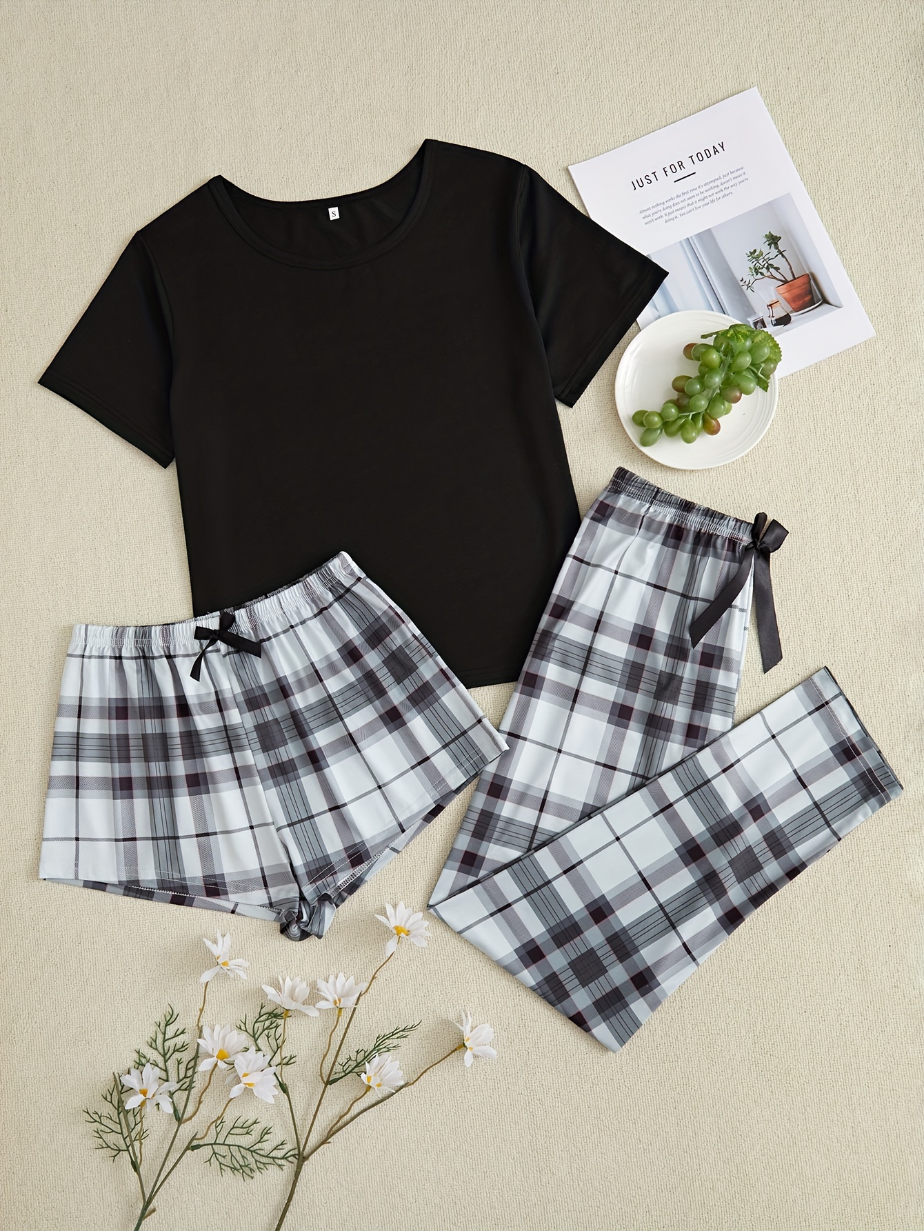 Casual Plaid Pajama Set Solid Cami Crop Top Lace Bow Pants - Temu