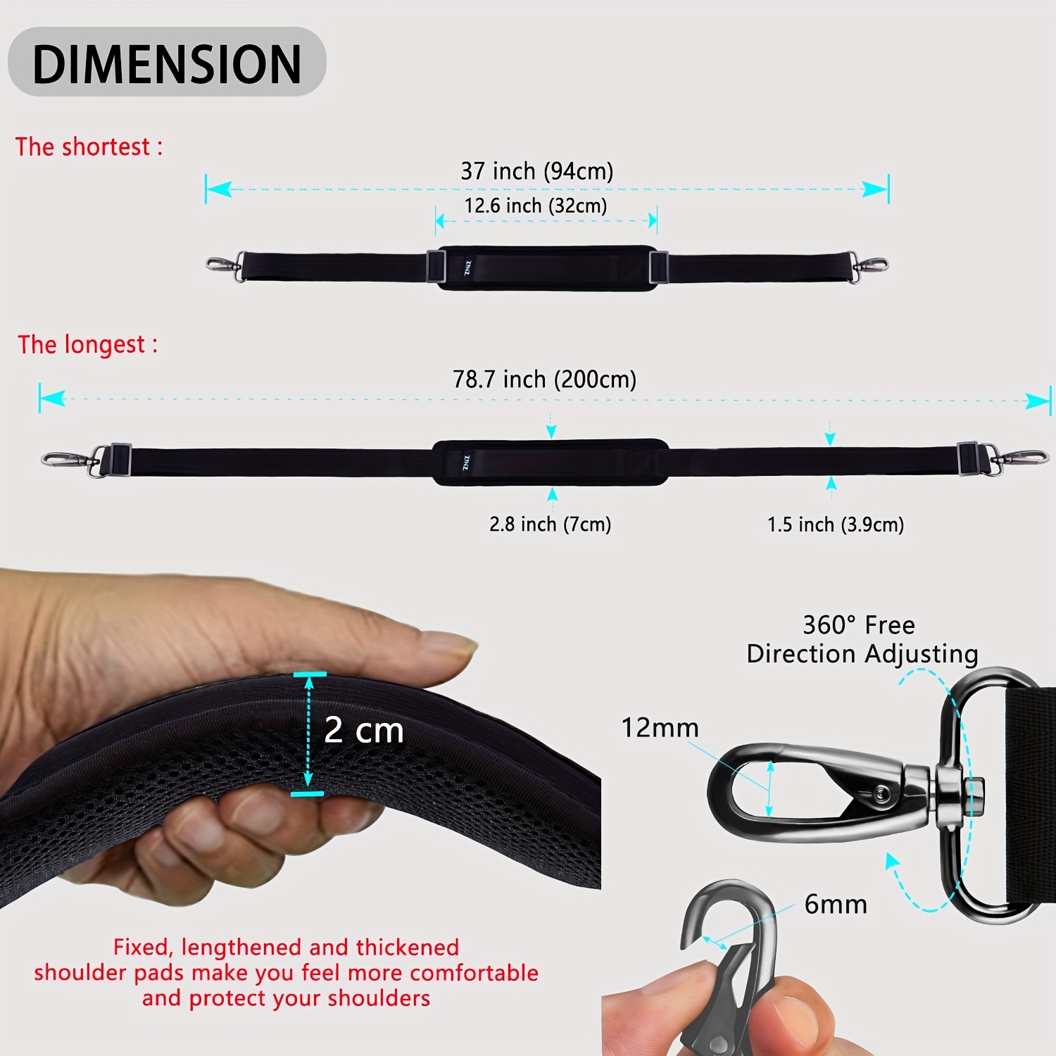 Thick Shoulder Strap Replacement for Bag, Double Buckle, Universal Fit