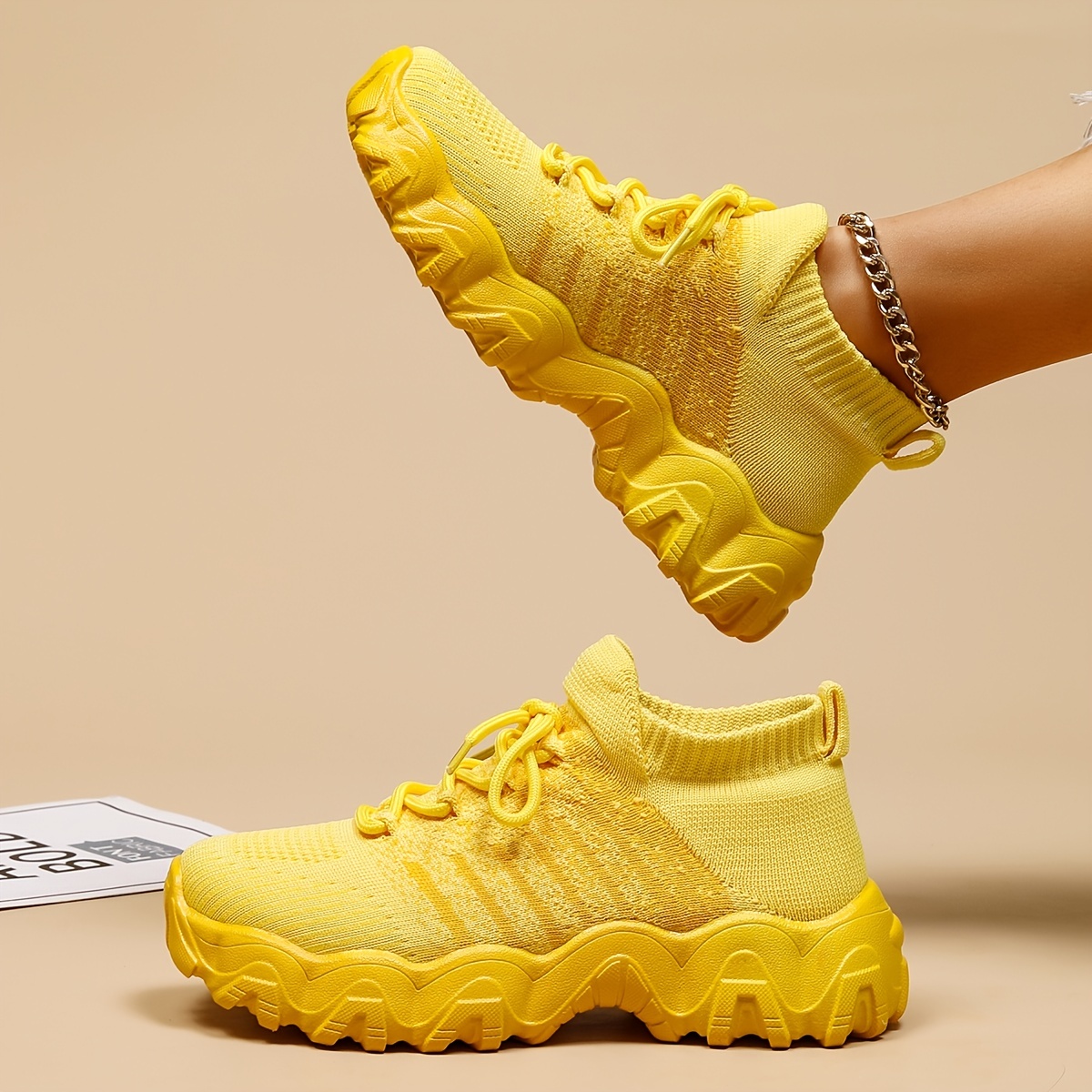 Women's Yellow Knitted Sneakers, Breathable & Comfortable Low Top Running  Shoes, Casual Walking Sports Shoes