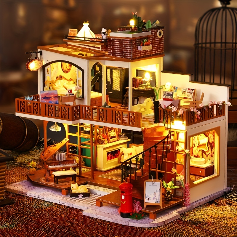 Casa de muñecas modelo de casa en miniatura de madera para bricolaje,  castillo romántico europeo montado en 3D, escena en miniatura, casa de  juguete