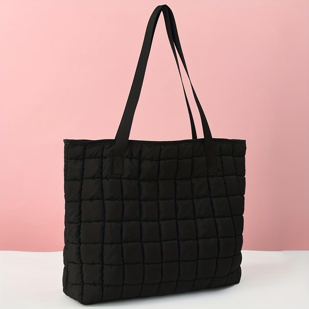Large Quilted Nylon Tote Bag - Black