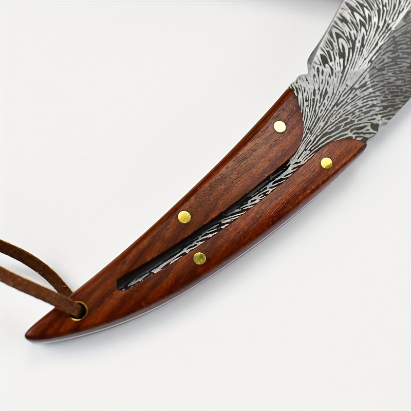 Feather Pattern Knife With Wooden Handle Leather Holder - Temu