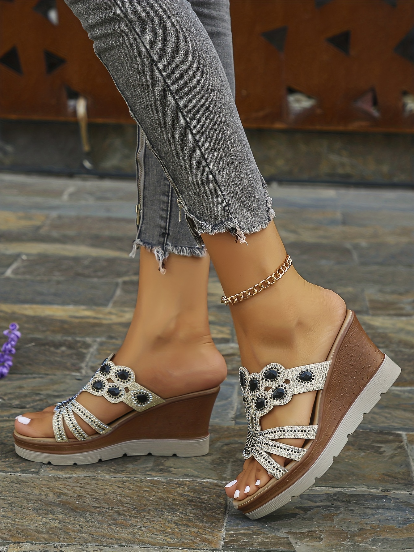 womens rhinestone decor wedge sandals casual cutout design platform sandals comfortable summer shoes details 5
