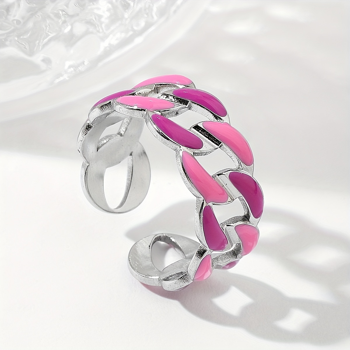 

1pc Steel-colored Chain-shaped Open Ring Is Painted With Pink/pure Blue/yellow-green/pink-blue Stainless Steel Rings On The Ring Surface. The Classic And Romantic Stainless Steel Ring