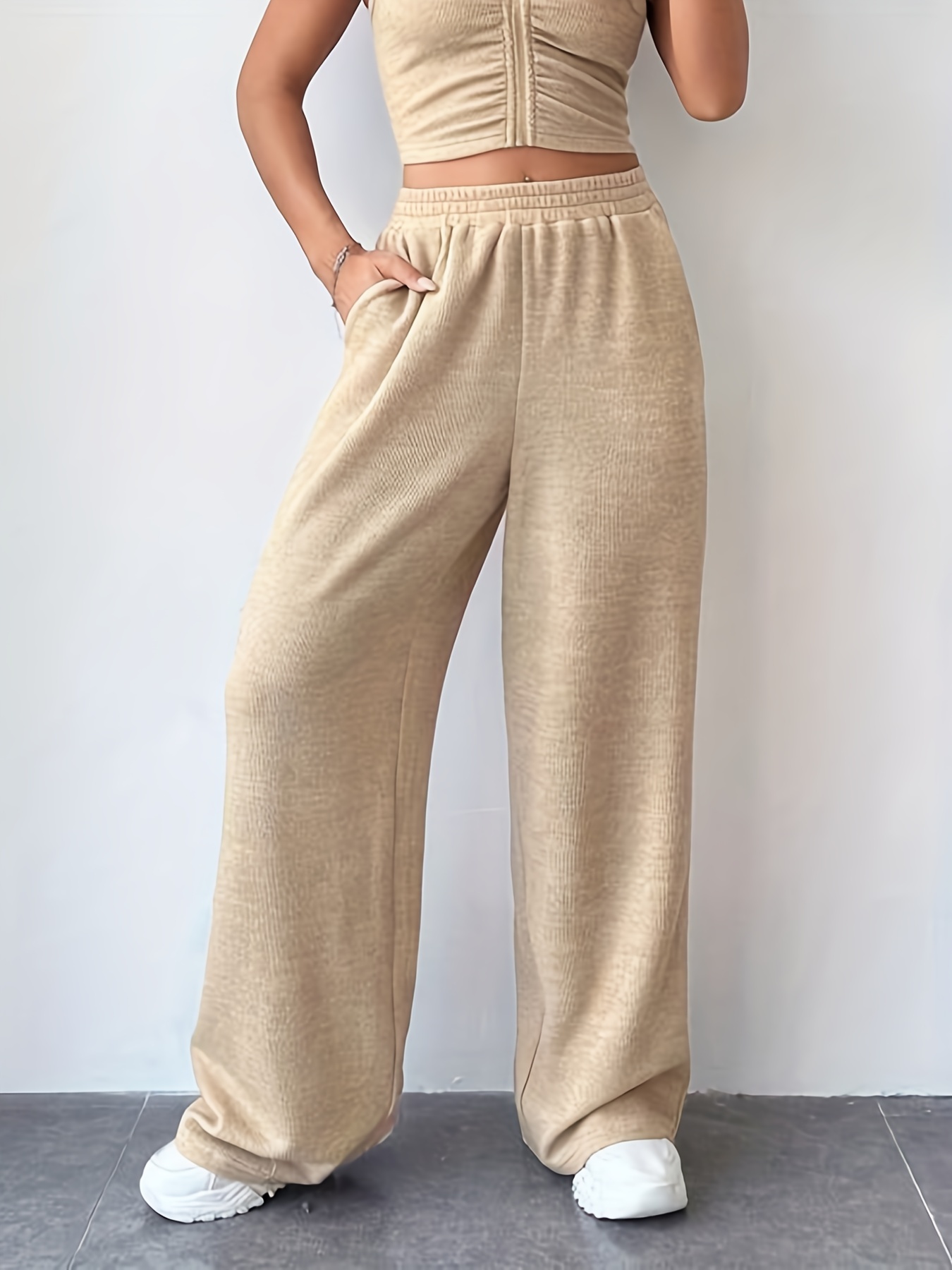 Comfortable Casual Sports Wide Leg Pants, Solid Color Elastic Waist Running  Pants, Women's Athleisure