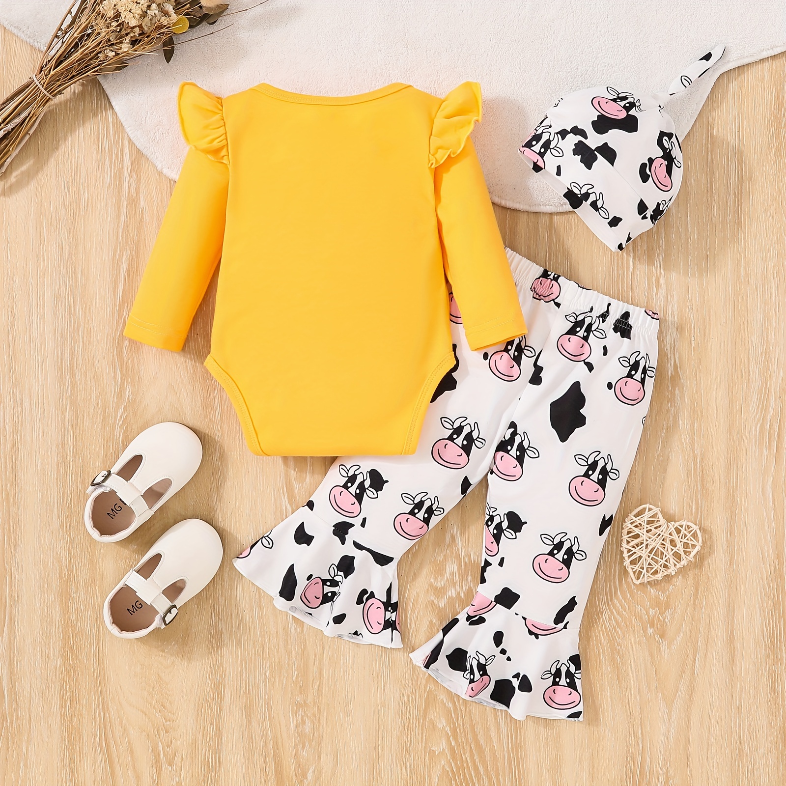 3PCS Newborn Baby Girls Romper Cow Headbands Tops Pants Outfits Clothes Set  