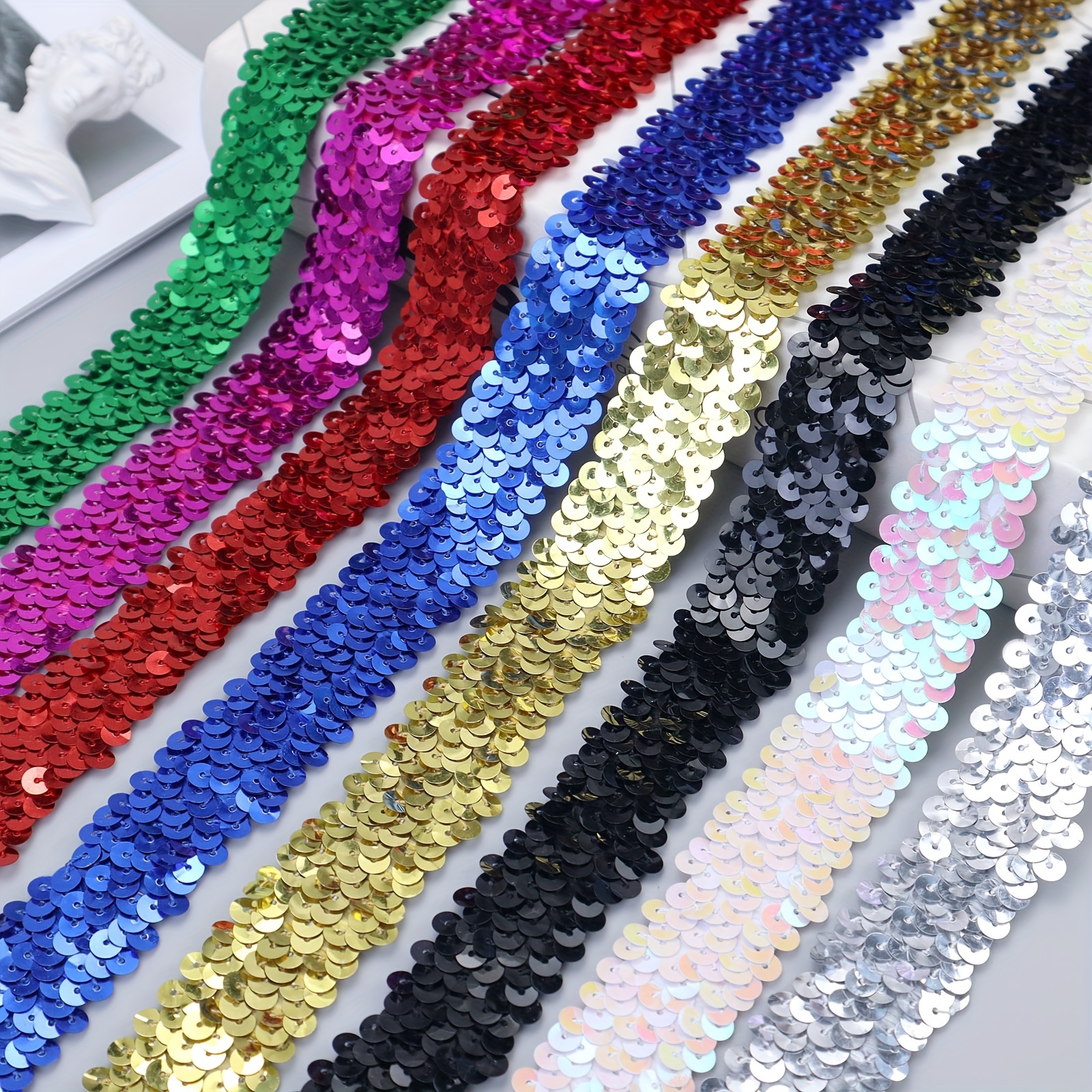 YOOGCORETT 2 Yards Iridescent Clear Elastic Sequin Ribbon Trim Glitter  Metallic Stretch Flat Sequin for Sewing Dress Costume Embellishments  Headband