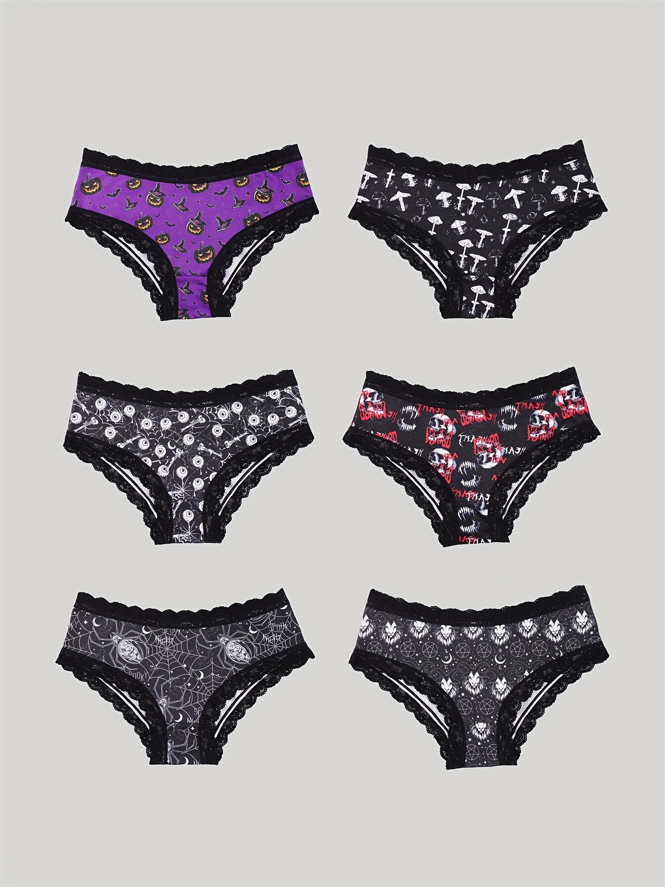 3pcs Lace Trim Panties, Gothic Skull & Floral Print Intimates Panties,  Women's Lingerie & Underwear