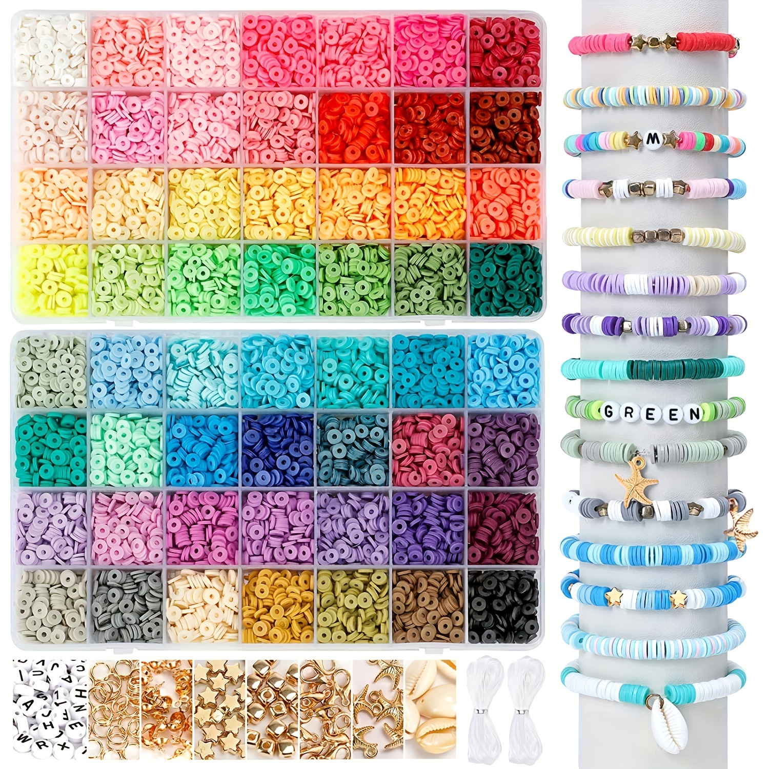 6600pcs Clay Beads for Bracelet Making,Bracelet Making Kit 6mm 24 Colors  Flat Round Polymer Clay Spacer Beads with Letter Beads Charms Elastic  Strings