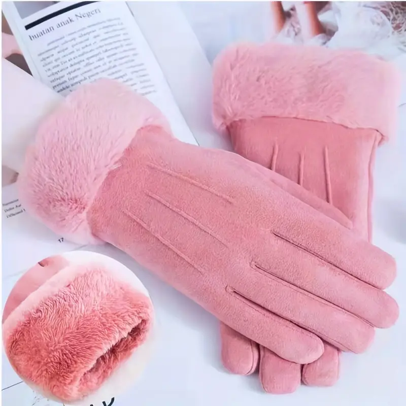 simple plush cuff suede gloves solid color plus velvet thickened warm gloves womens autumn winter windproof coldproof gloves 1