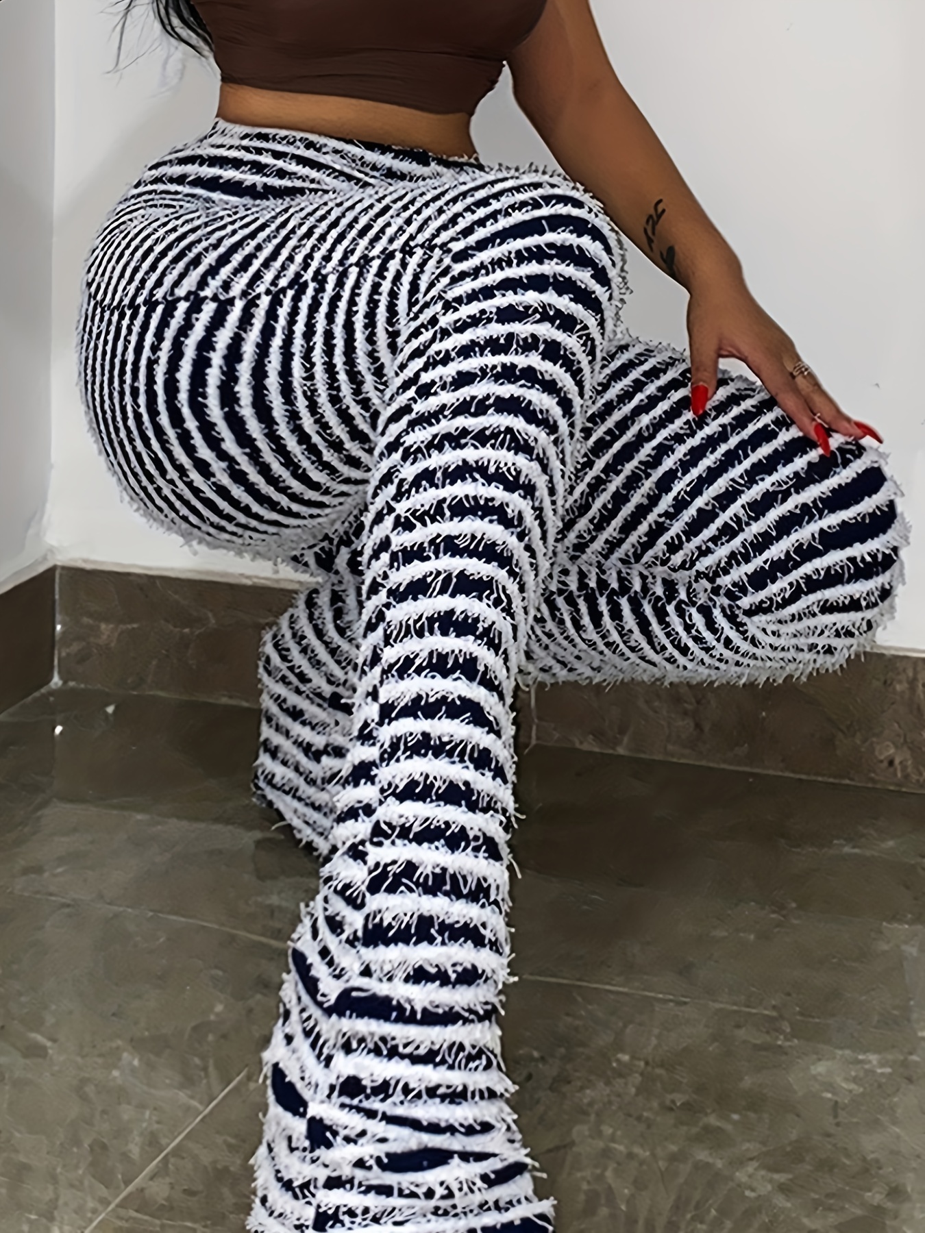 Y2k Striped Print High Waist Pants, Sexy Slim Long Length Pants
