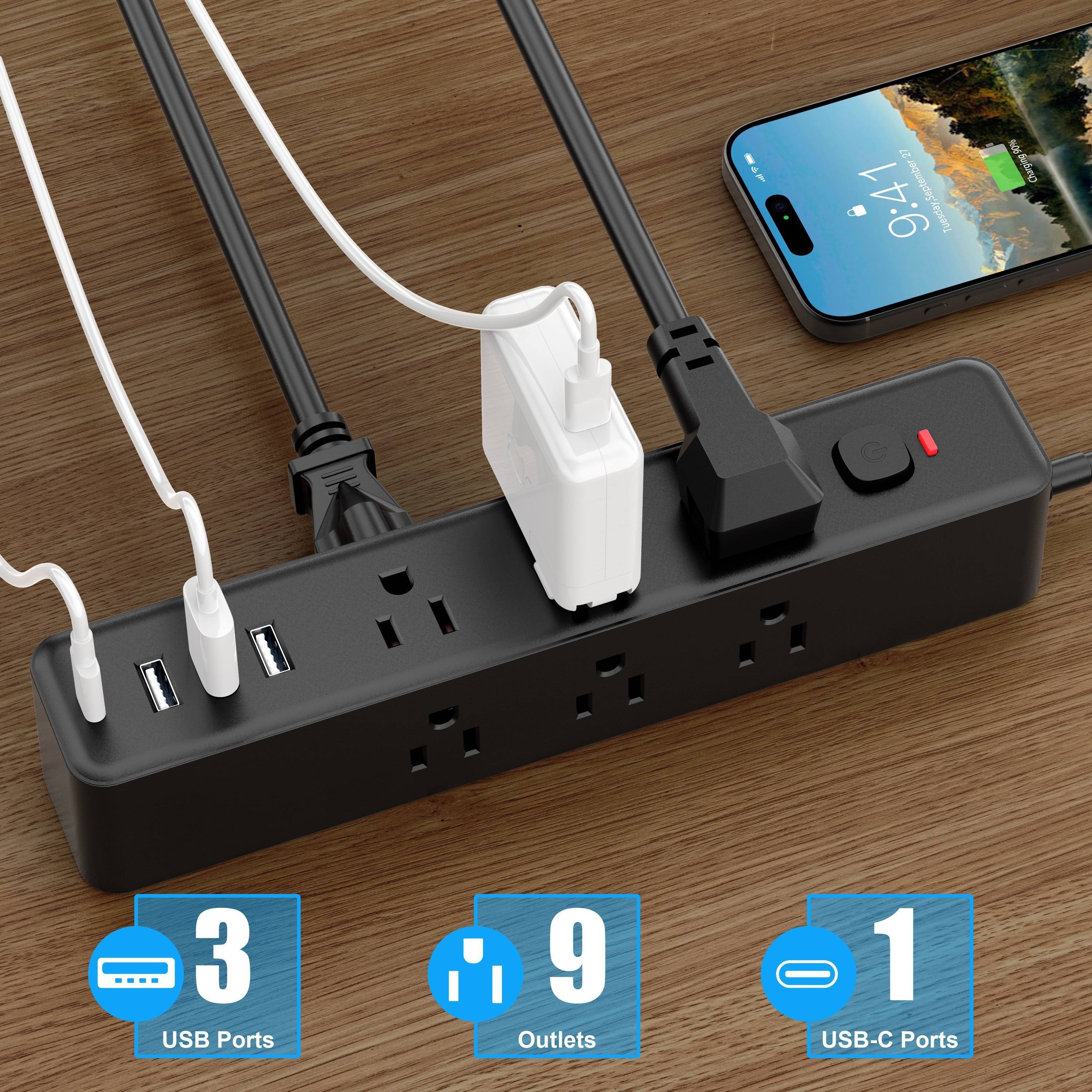 Regleta de alimentación – Cable de extensión de 10 pies de largo con  puertos USB C, 3 tomacorrientes, 4 estaciones de carga de escritorio USB,  regleta