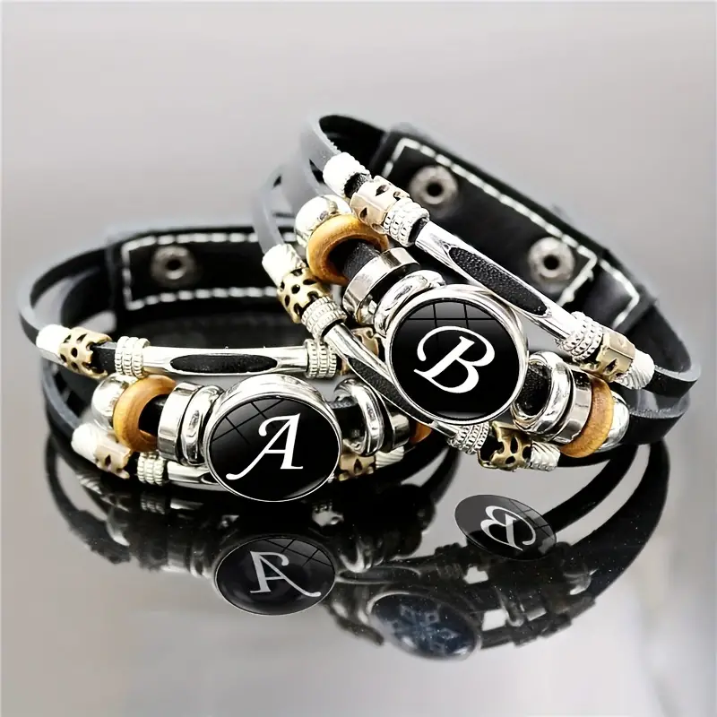 26 English Letters Bracelets, PU Leather Bangles, Retro Punk Style Handmade Multi-layer Beaded Hand Jewelry, Jewels Holiday Gift for Best Kids