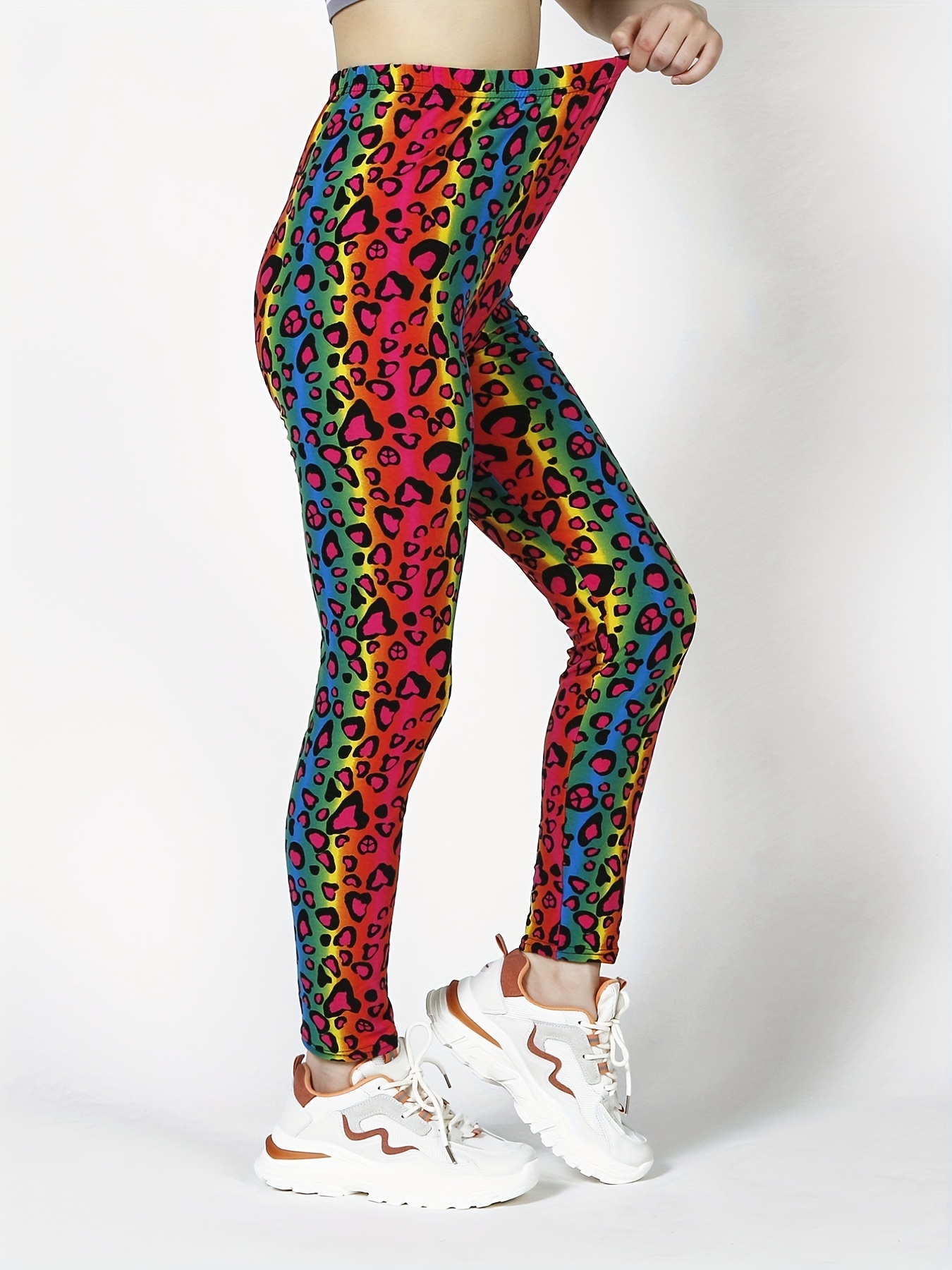 80er Jahre Damen Zebra Leggings UV Neon Regenbogen Farben