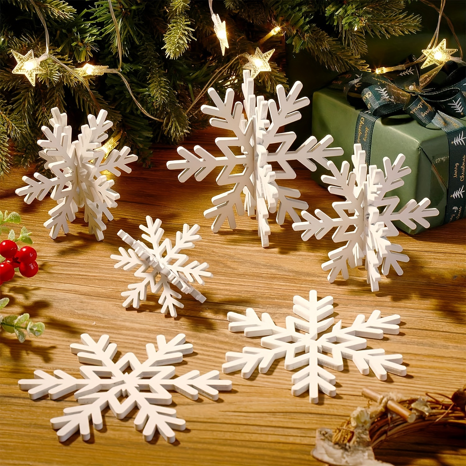 Blulu 3 Piece Winter Snowflake Decorations White Standing Wooden Snowflakes  Christmas Snow Flakes Decorating Tabletop Wooden Snowflakes Decor for Home
