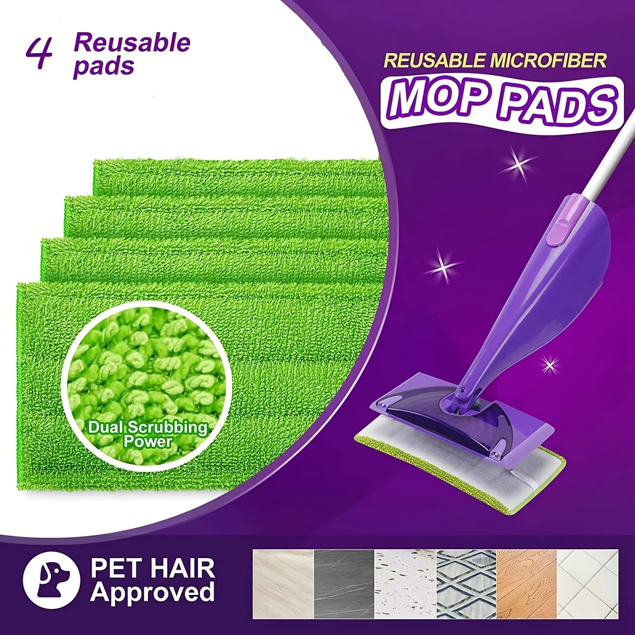Reusable Floor Mop Pads 4 Pack, Microfiber Mop Refills Compatible