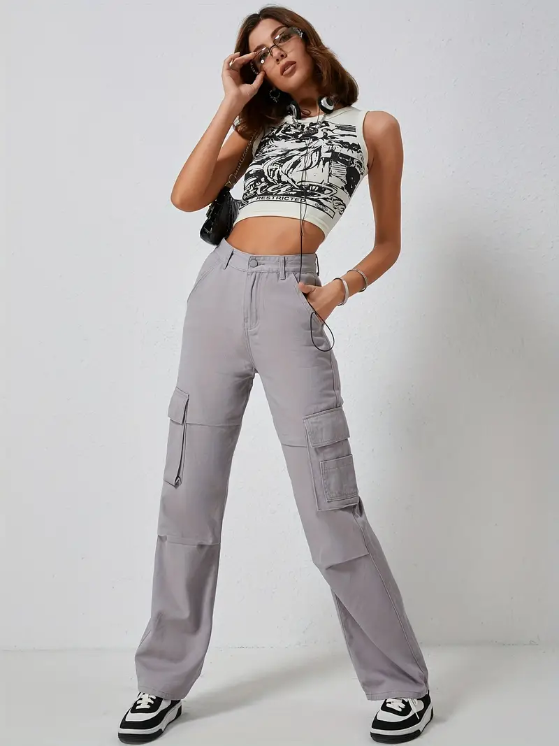 Solid Color Multi-pocket Denim Cargo Pants, Mid Rise Slash Pocket Loose  Casual Trendy Kpop Y2K Cargo Jeans, Women's Denim Jeans & Clothing