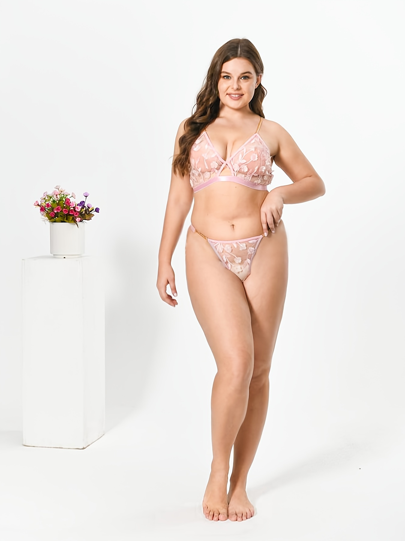 Plus Size Floral Embroidered Metal Chain Bra Panty Sexy - Temu