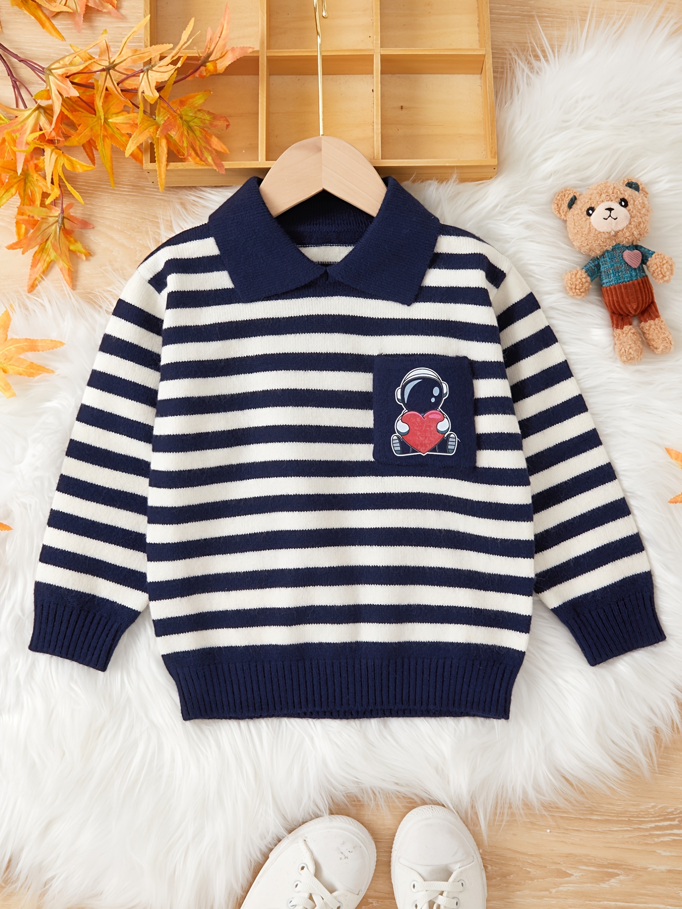 Girls Stripe Pattern Sweater Astronaut Heart Print Collar Temu