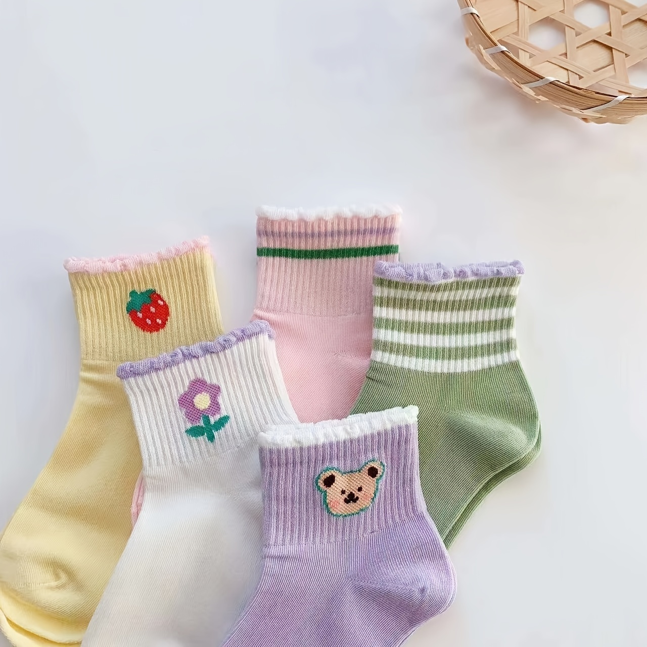 5 Pairs Girls Cartoon Print Ruffled Knit Socks for Spring & Summer