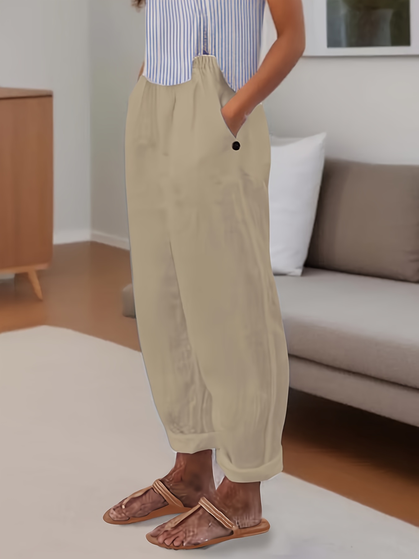 minimalist solid versatile pants casual wide leg elastic waist summer pants womens clothing