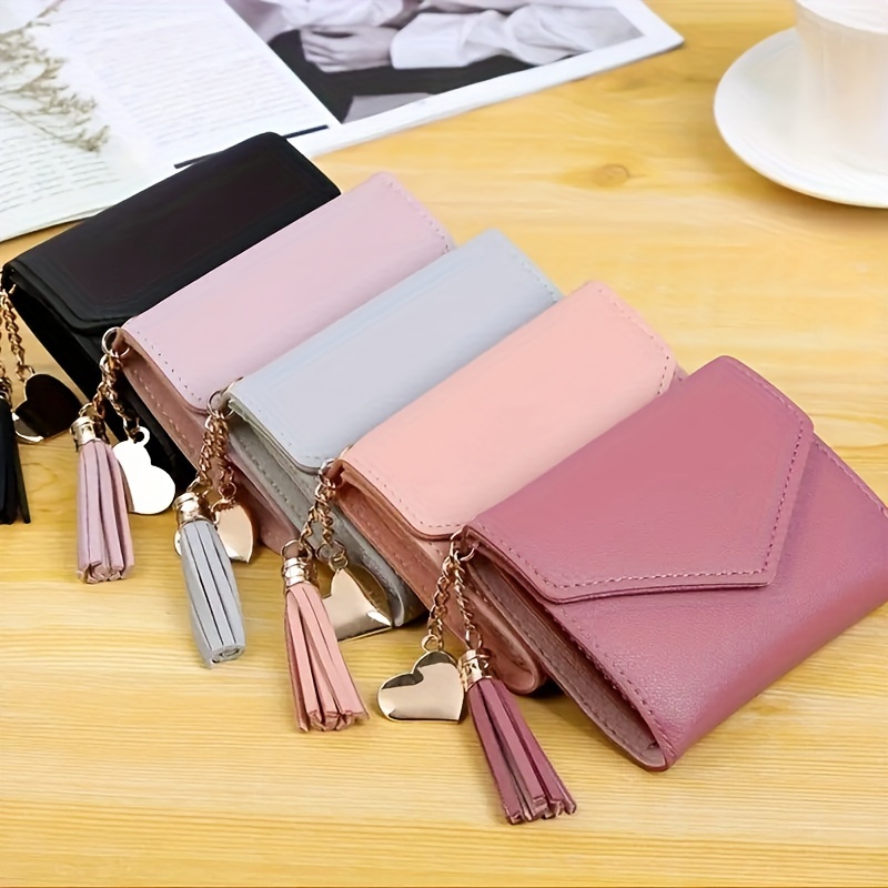 

Trendy Envelop Tri-fold Short 0 Wallet, Tassel Solid Color Credit Card Holder, Perfect Causal Coin Purse For Daily Use Best Gifts For Carnaval