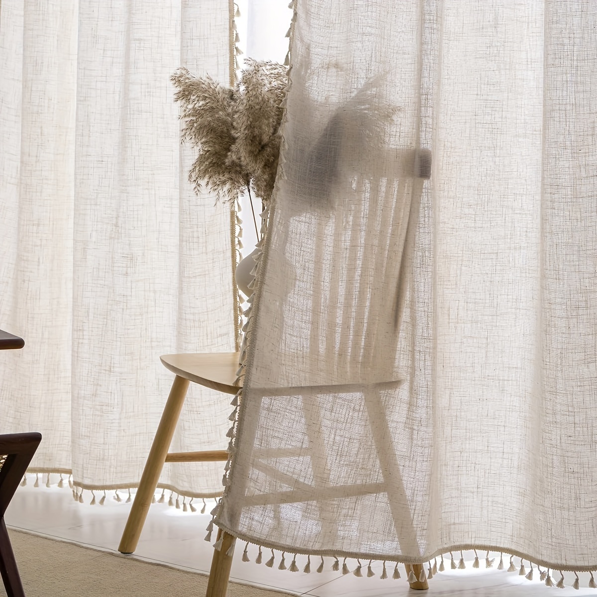 bohemian lace curtains with a rod design made of solid color linen that allows light in but maintains privacy   in natural   sold as a single piece details 5