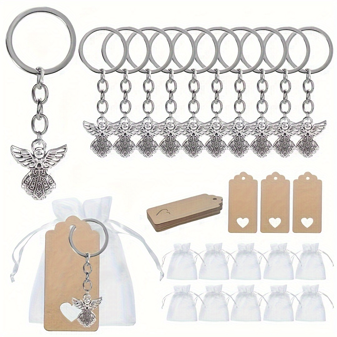 90 Sets (30pcs Angel + 30pcs Bag + 30pcs Tag) Angel Key Ring Gift In Bulk Thank You Label Organza Bag For Diy Keychain Making Gift