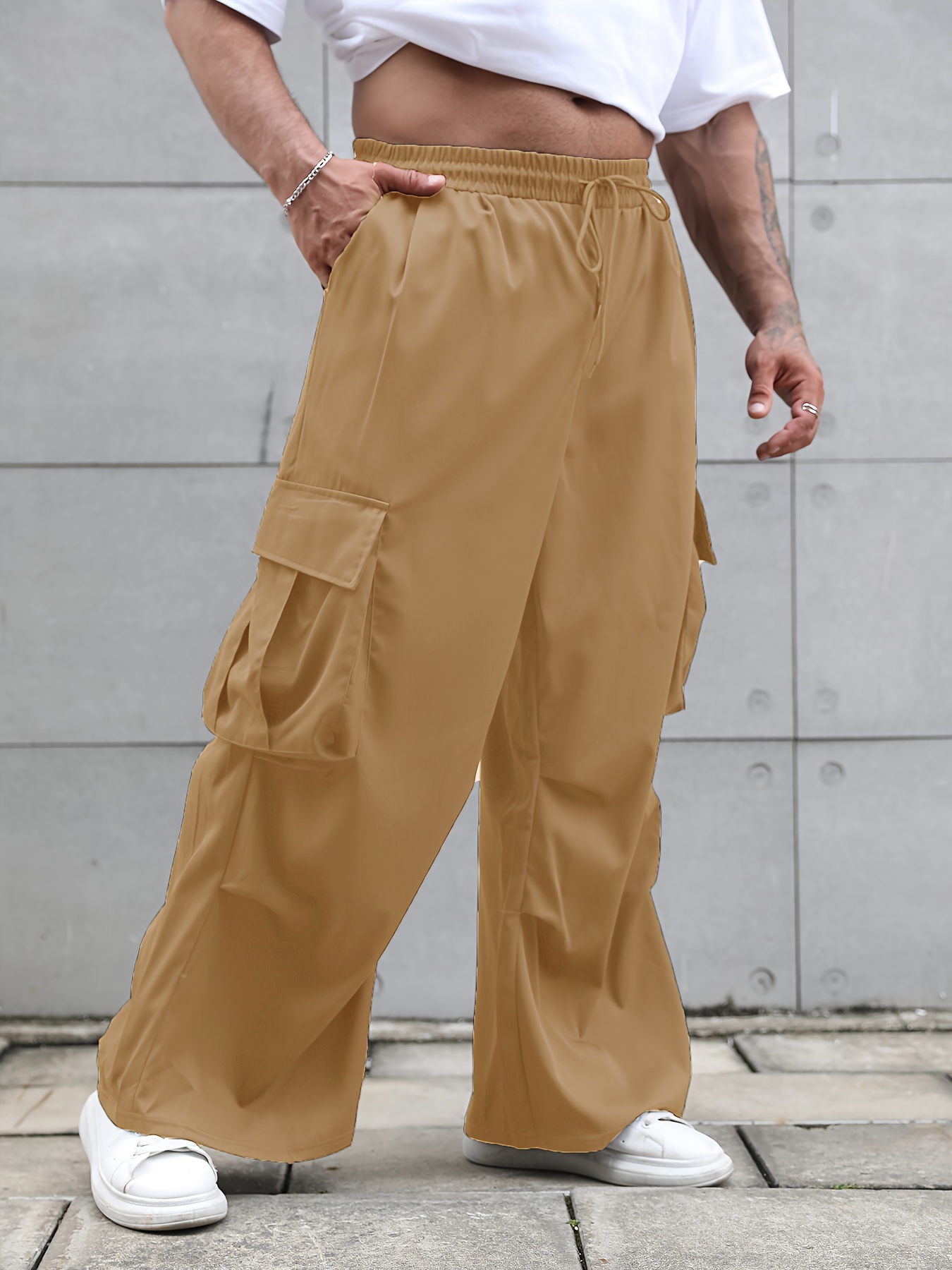 Plus Size Men's Solid Cargo Pants Oversized Wide Leg Pants - Temu United  Kingdom