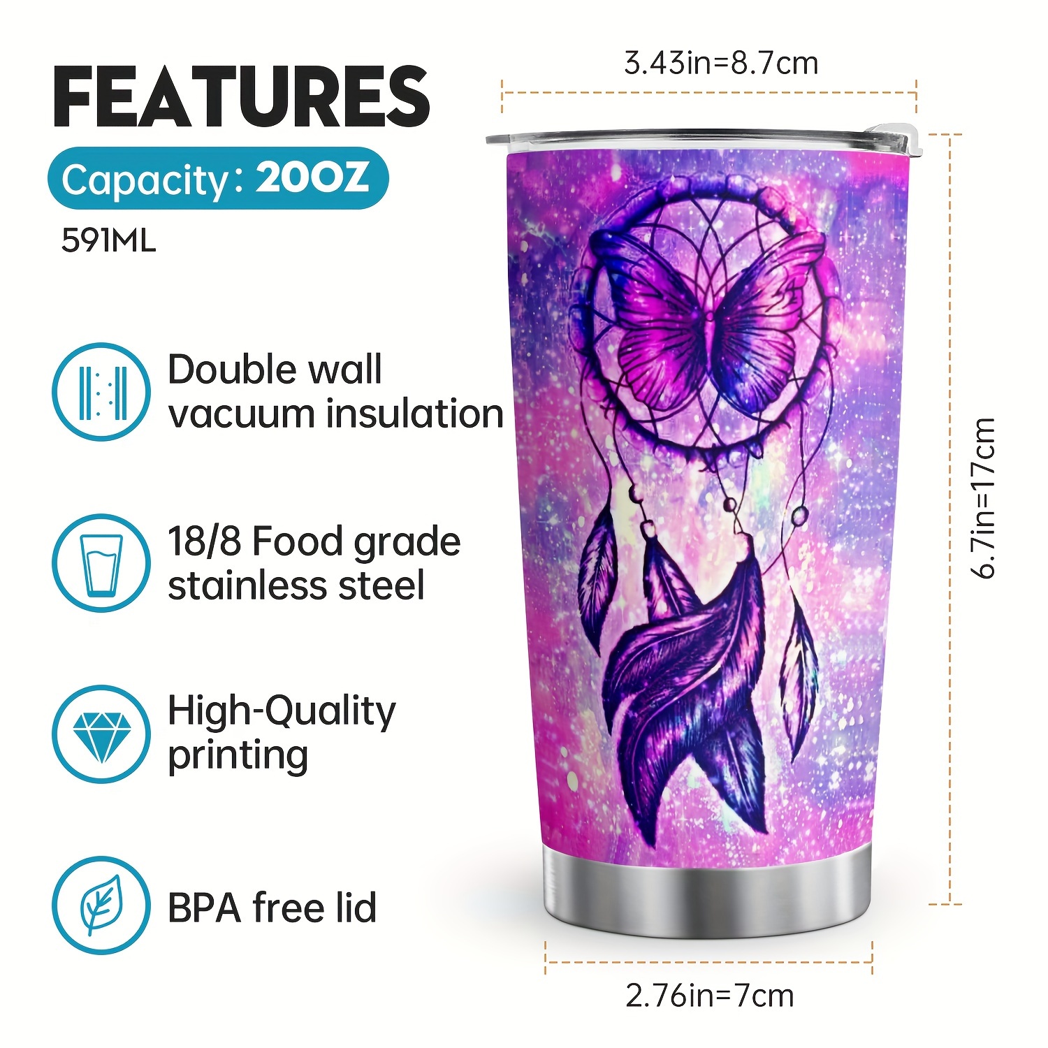 Ready to Ship Stainless Steel Straw Tumbler, Dream Catcher Cup