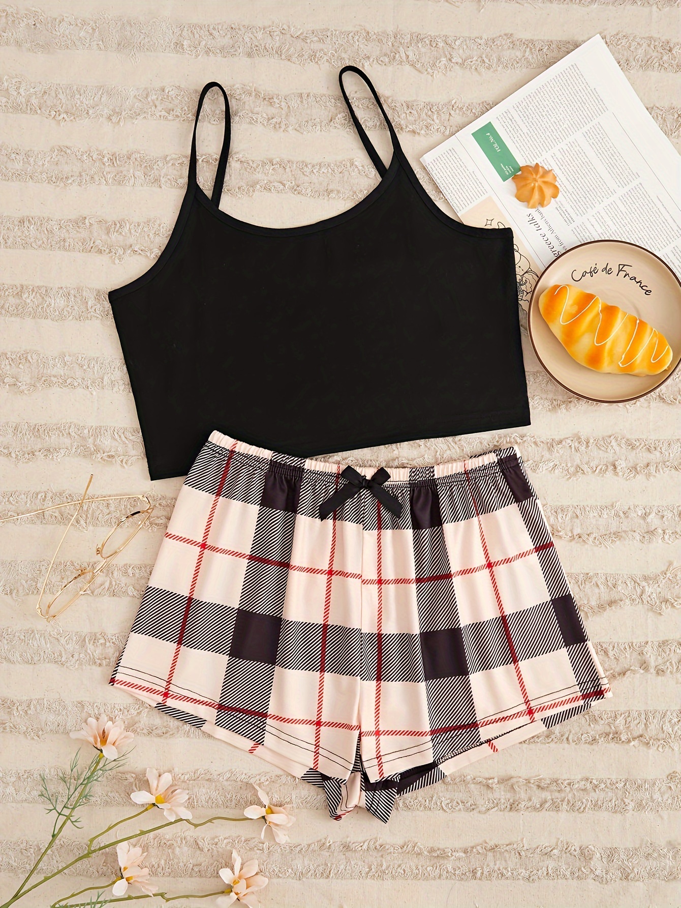 Casual Plaid Pajama Set Solid Cami Crop Top Lace Bow Pants - Temu