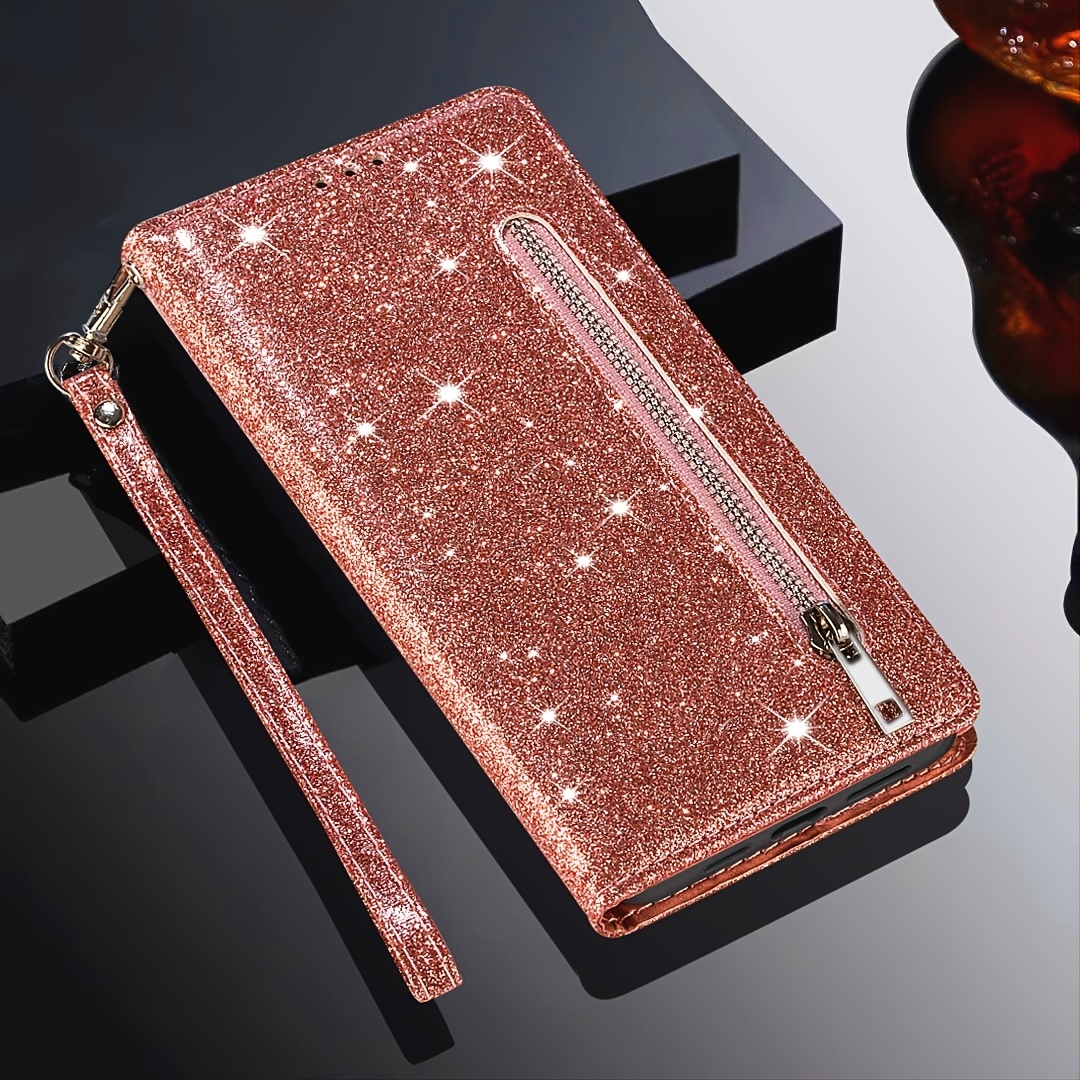 1pc Shiny Folding Phone Case With Sparkly Lanyard Compatible With