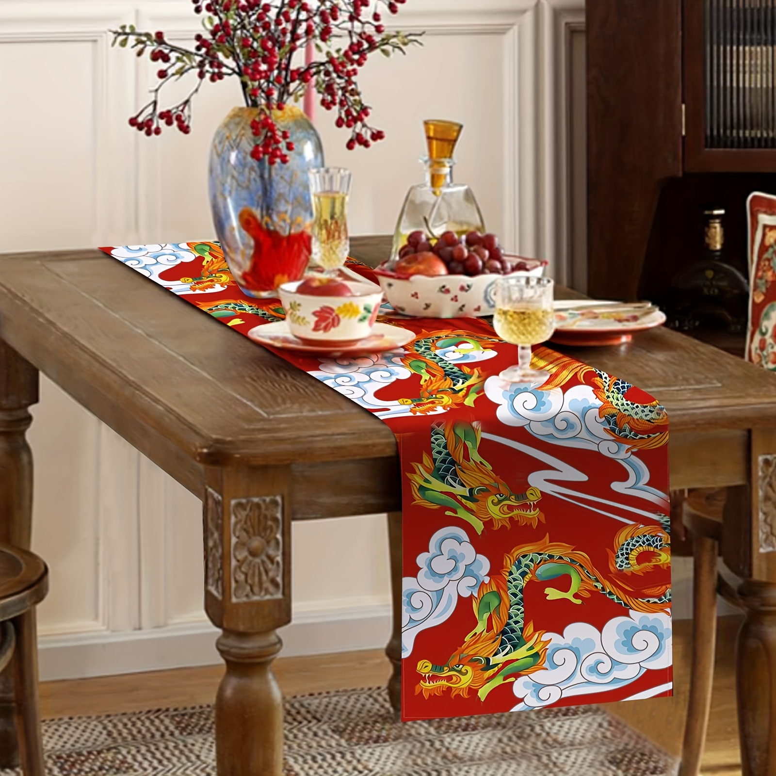 1/4pcs, New Year's Greetings Dragon Printed Table Runner, Dragon Table  Decorations, Asian Table Runner, Party Decorations For Spring Festival  Party Su