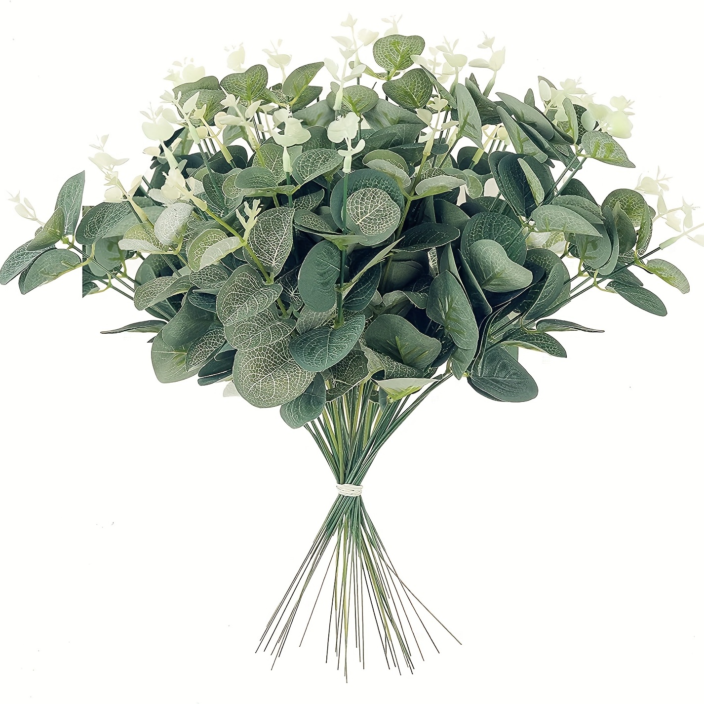 

Bouquet of 24 artificial eucalyptus branches for decorating weddings, floral wreaths, rustic parties, and home decor. Silver dollar eucalyptus leaves for a touch of elegance.