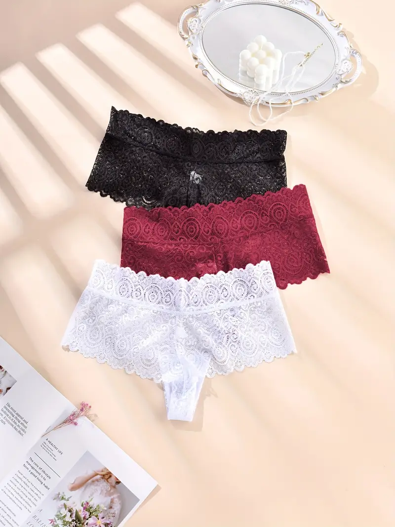 3 Pack Plus Size Chinese New Year Elegant Panties Set, Women's Plus Solid  Floral Lace High Stretch Briefs 3 Piece Set