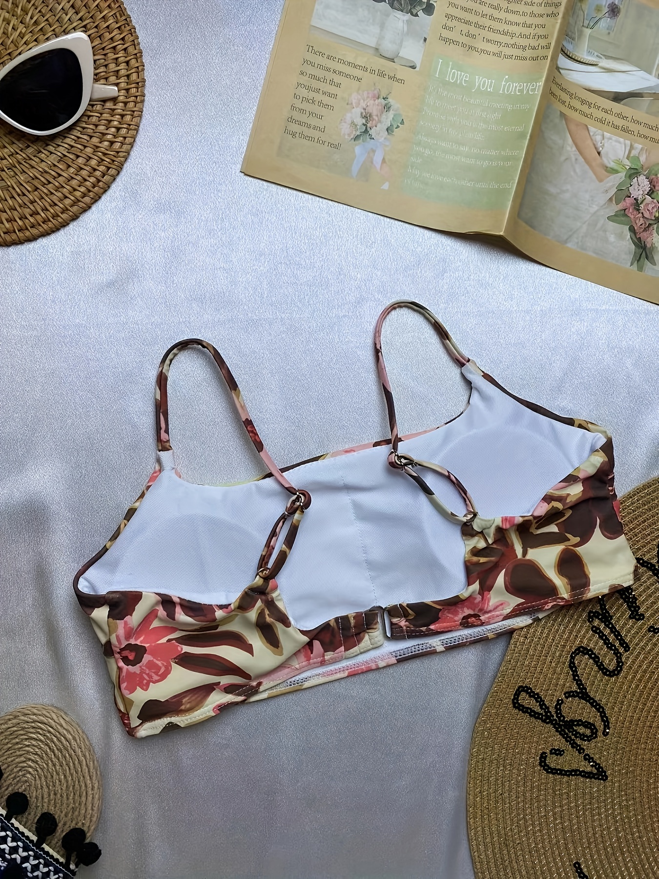 Vintage Style Floral Print Scoop Neck Bikini Top Spaghetti - Temu