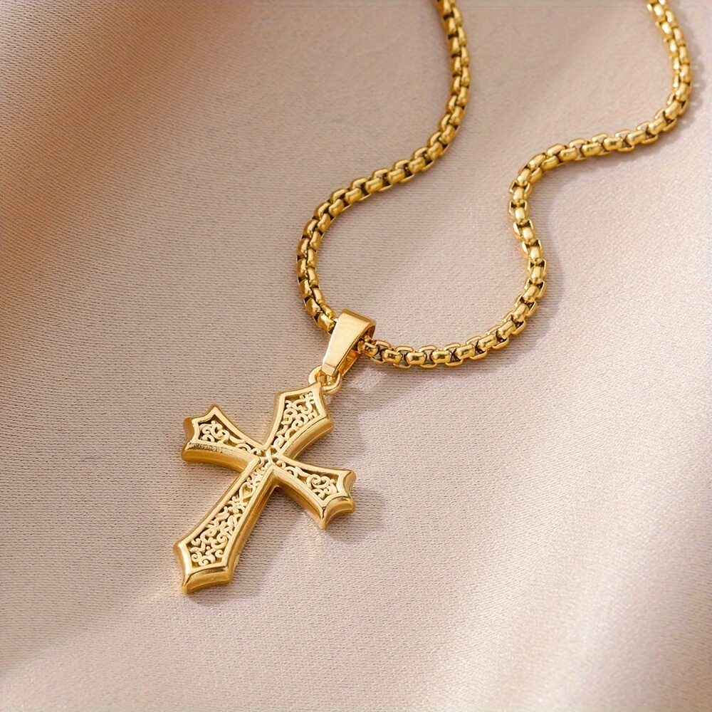 

Fashionable Golden Hollow Cross Stainless Steel Pendant Necklace, For Men Women, Christian Cross Necklace